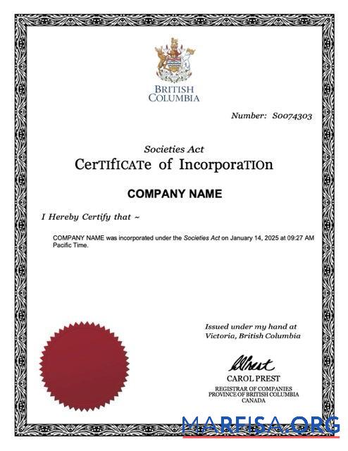 Downloadable British Columbia certificate of incorporation Word and PDF template